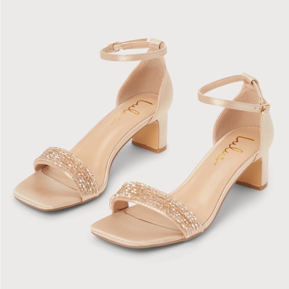 NWOT Lulus Kainda Champagne Satin Beaded Ankle Strap Heels - Picture 3 of 7